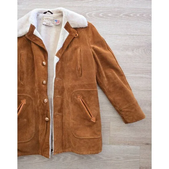 Schott NYC Rancher Western Barn Suede Leather Coat 40 Vintage Faux Fur Sherpa M